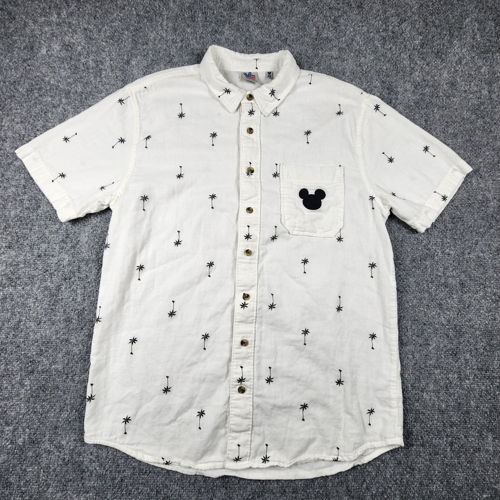Junk Food Disney Mickey Mouse Palm Tree Print Button Down Shirt White Mens M